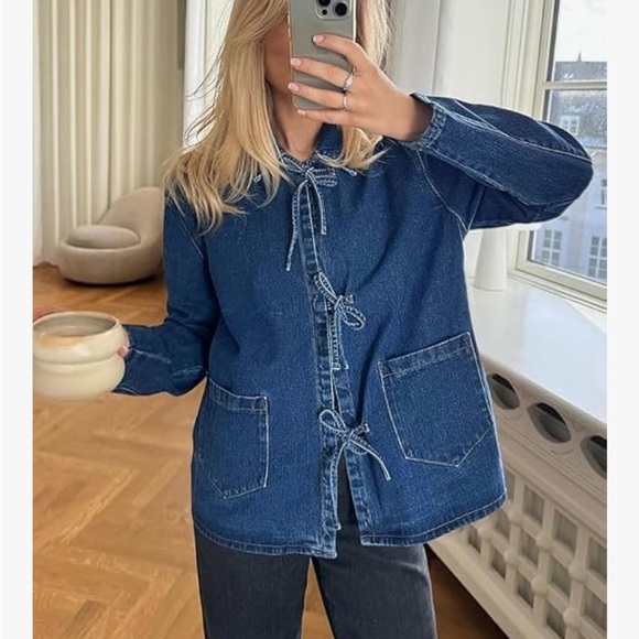 Denim Jacket with Tie Front - Picture 1 of 7